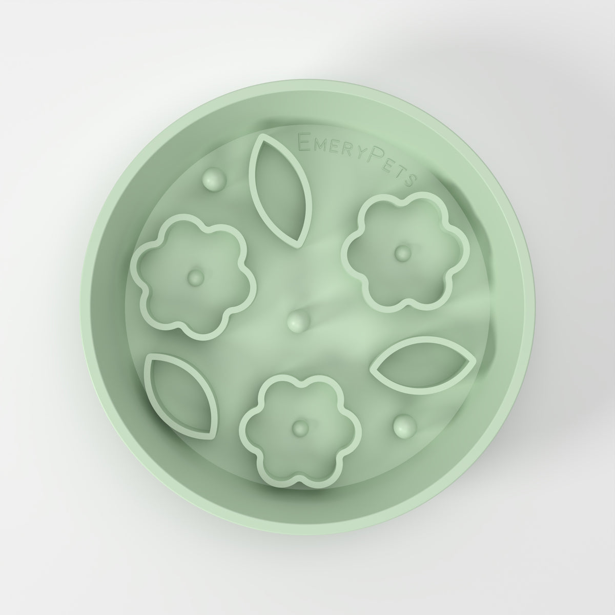 Medium Green Flower + Leaf slow feeder bowl, empty top-down studio view