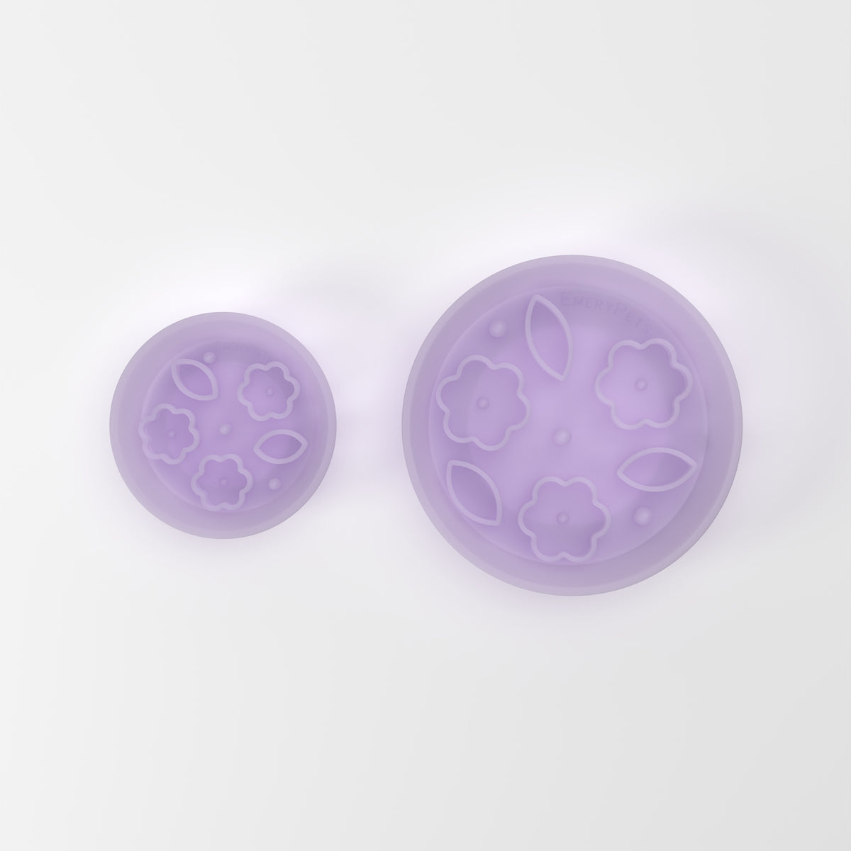 Small and Medium Jelly Purple Flower + Leaf slow feeder bowls, size comparison top-down studio view