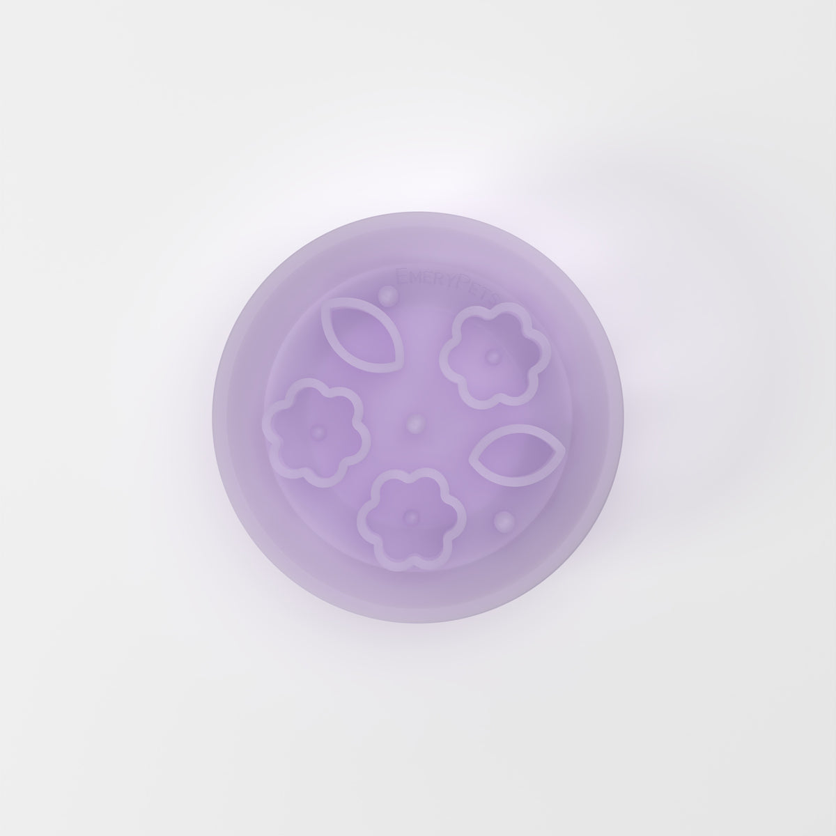 Small Jelly Purple Flower + Leaf slow feeder bowl, empty top-down studio view