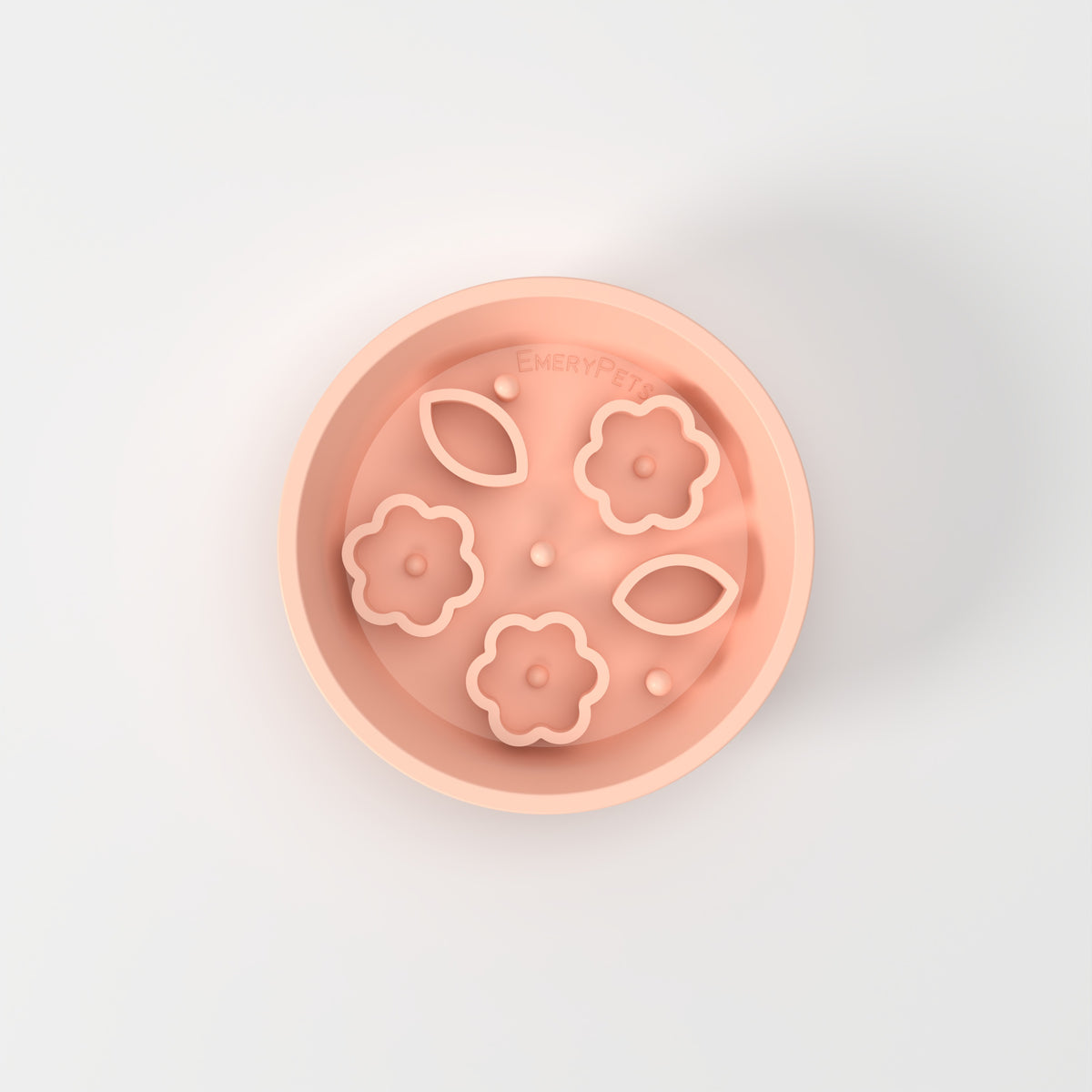 Small Peach Flower + Leaf slow feeder bowl, empty top-down studio view