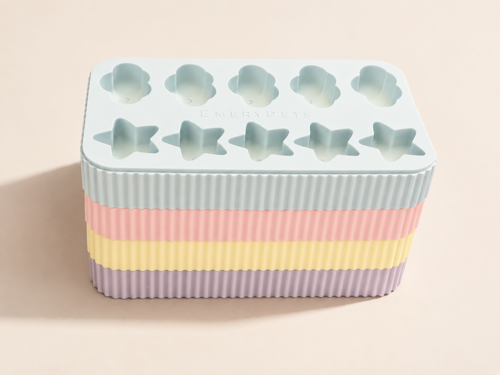 Example silicone treat molds stacked to demonstrate space-saving storage.