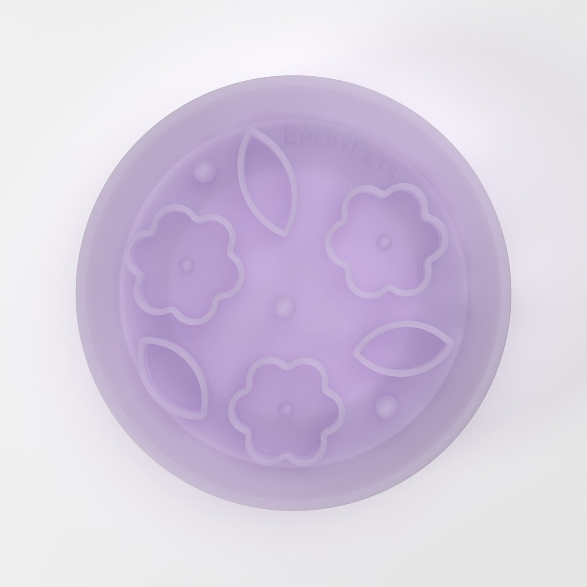 Medium Jelly Purple Flower + Leaf slow feeder bowl, empty top-down studio view