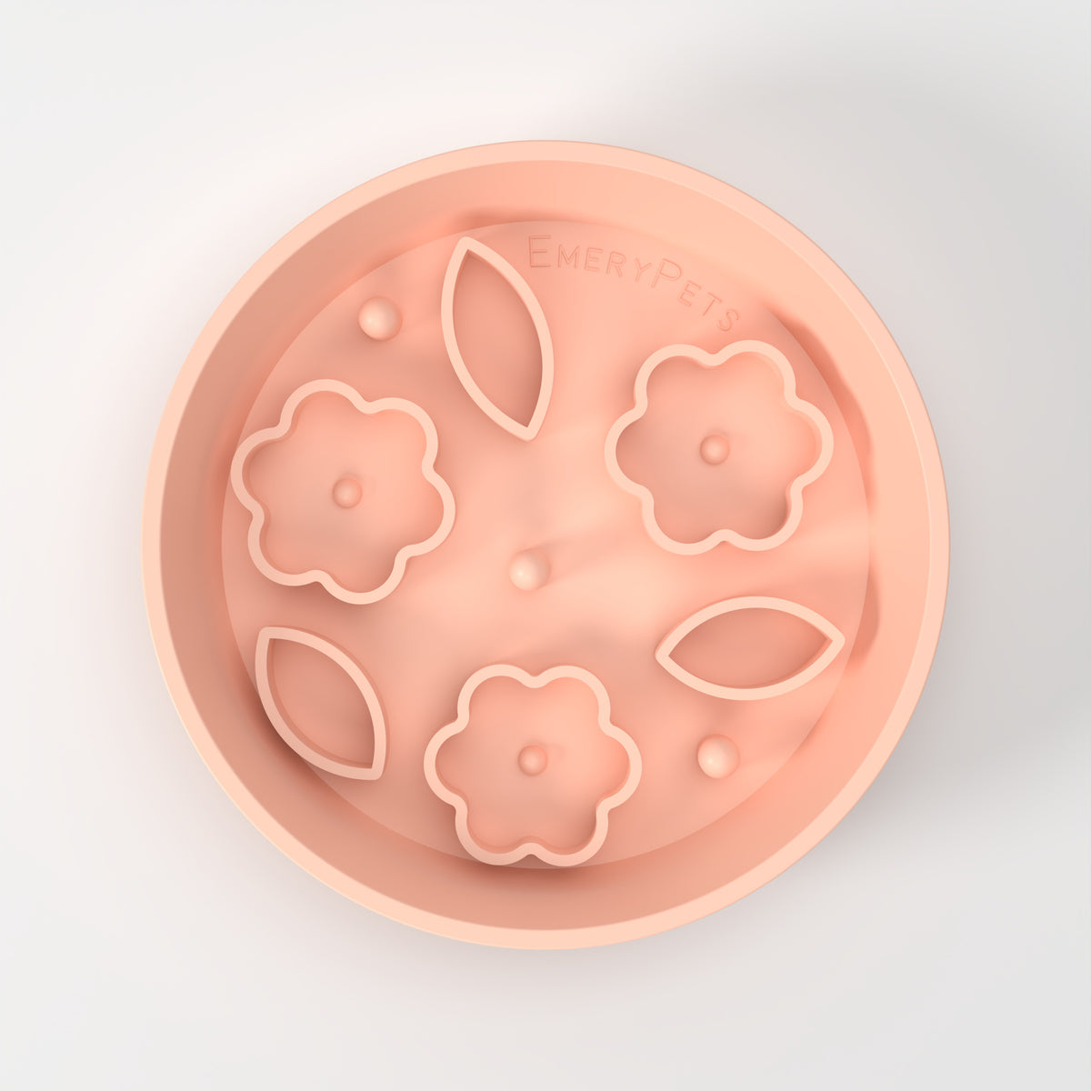 Medium Peach Flower + Leaf slow feeder bowl, empty top-down studio view