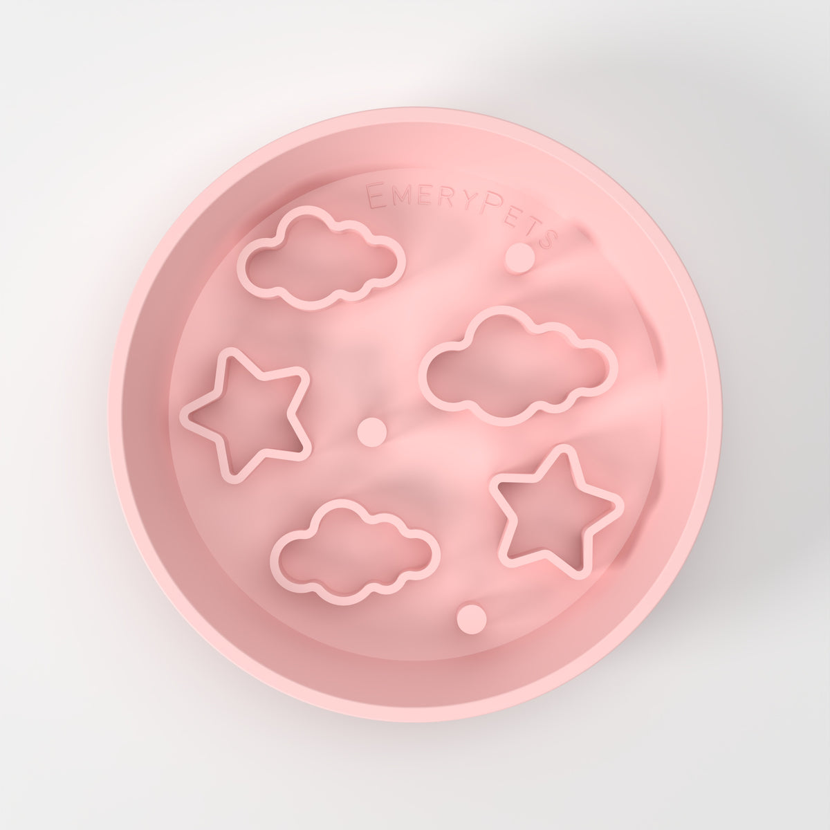 Medium Pink Star + Cloud slow feeder bowl, empty top-down studio view