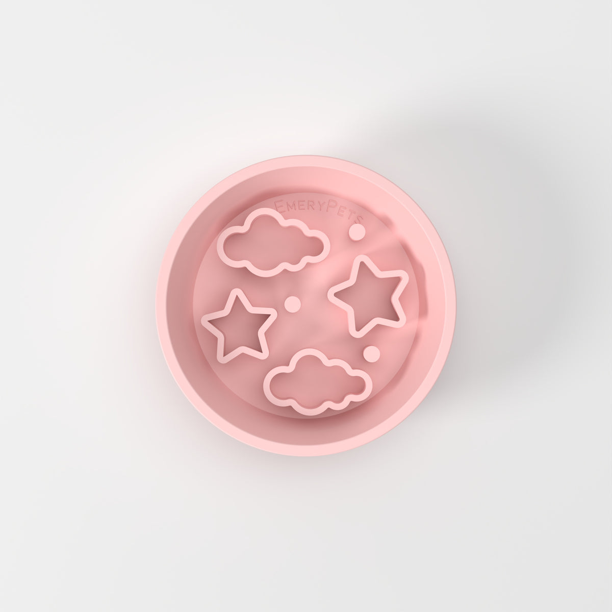 Small Pink Star + Cloud slow feeder bowl, empty top-down studio view